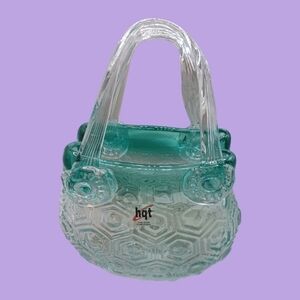 HQT hand blown cased handled purse basket turquoise color
